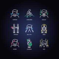 Negative feelings neon light icons set. Emotions, psychological states signs with outer glowing effect. Human behaviour, reactions and emotional expressions. Vector isolated RGB color illustrations