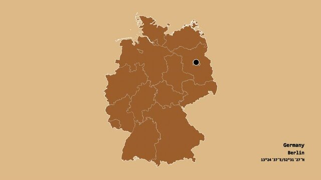 Bavaria, state of Germany, with its capital, localized, outlined and zoomed with informative overlays on a solid patterned map in the Stereographic projection. Animation 3D