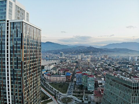 Batumi from above. Aerial photo from drone camera. Georgian seaside city. Beautiful town panoramic view.