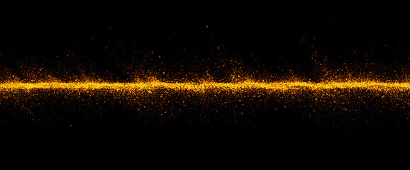 gold particles abstract background with shining line floor ground particle stars dust. Beautiful futuristic glittering in space on black background.	
