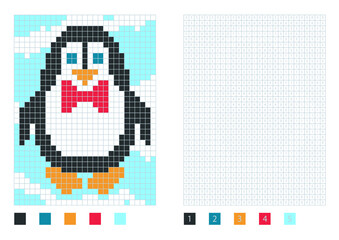 Fototapeta premium Pixel penguin cartoon in the coloring page with numbered squares, vector illustration