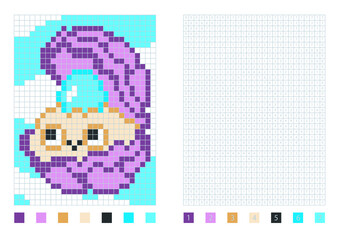 Pixel oyster cartoon in the coloring page with numbered squares, vector illustration