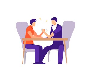 Business and career competition illustration. Conflict and confrontation on work colleagues competitors vector arm wrestling at desk struggling and trying defeat flat opponent in fight