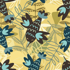 Seamless vector design with cute birds with autumn leaves on background