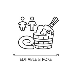 Mixed sex sauna pixel perfect linear icon. Bathhouse thin line customizable illustration. Contour symbol. Steam bath with no gender restriction. Vector isolated outline drawing. Editable stroke