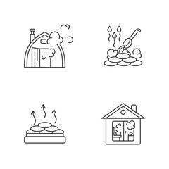 Sauna types pixel perfect linear icons set. Steam bath, dry heat, indoor and outdoor saunas customizable thin line contour symbols. Isolated vector outline illustrations. Editable stroke