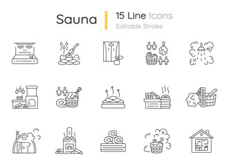 Sauna pixel perfect linear icons set. Steam bath relaxation, heat therapy customizable thin line contour symbols. Different bathhouse types. Isolated vector outline illustrations. Editable stroke