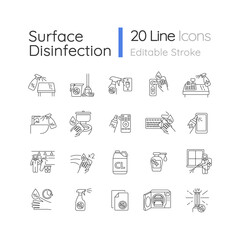 Disinfection pixel perfect linear icons set. Surface cleaning, sanitation and hygiene customizable thin line contour symbols. Isolated vector outline illustrations. Editable stroke