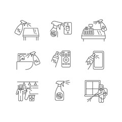 Decontamination pixel perfect linear icons set. Professional sanitary service, house cleansing customizable thin line contour symbols. Isolated vector outline illustrations. Editable stroke