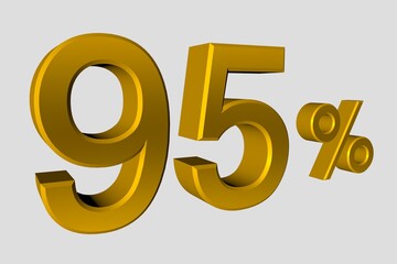 The inscription is 95% of realistic 3D numbers in gold metalic color. Illustration of a ninety five percent discount or sale for advertising poster, banner advertising and more. 3d rendering, isolated