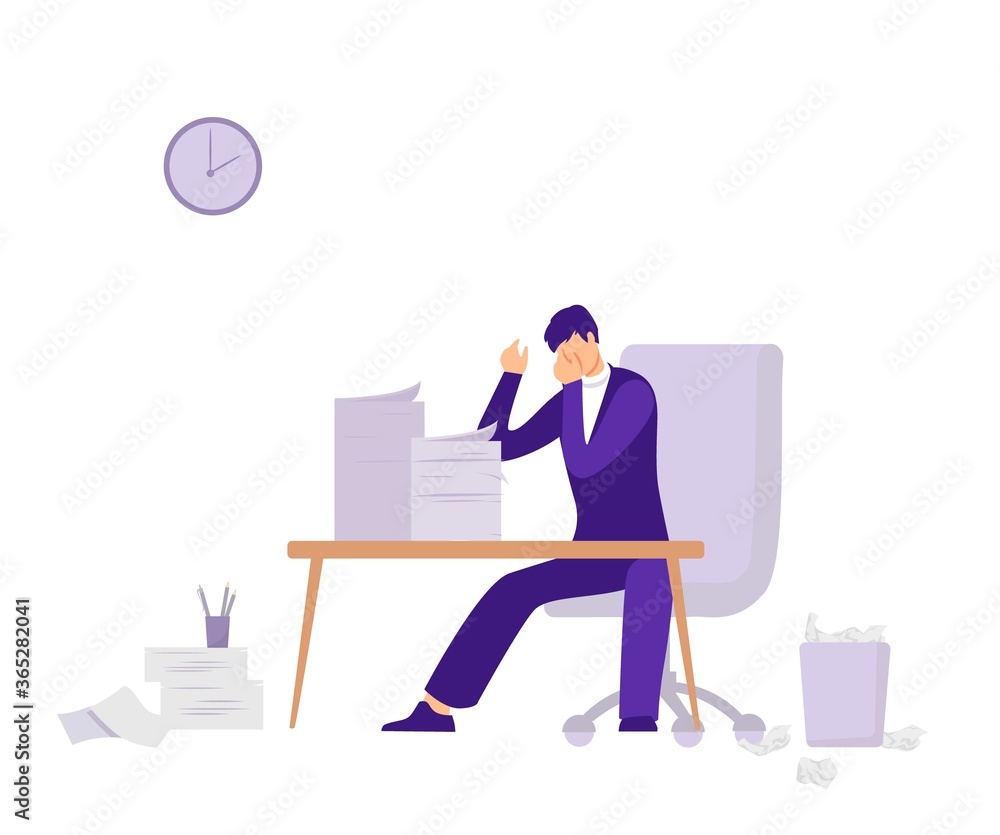 Poster deadline preparation in office illustration. tired upset character with bundles of documents trying 