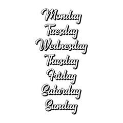 Hand Lettered Days of the Week. Calligraphy words Monday, Tuesday, Wednesday, Thursday, Friday, Saturday, Sunday. Lettering for Calendar, Organizer, Planner
