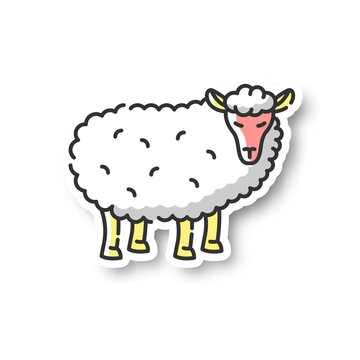 Sheep patch. Common countryside mammal, farm wildlife, domestic animal. Livestock breeding, husbandry, farming RGB color printable sticker. Wooly lamb vector isolated illustration