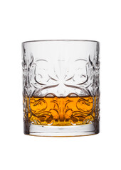 Scotch whiskey in crystal elegant glass on white background.