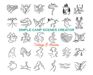 Simple vector mountains valleys and rivers icons shapes set. Logo creation kit. Outdoor adventure line art mountain elements bundle. Silhouette linear concept. Stock vector collection