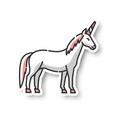 Unicorn patch. Mythical creature, fairy tale animal mascot. Childish fantasy animal, kids fable RGB color printable sticker. Magical horse with horn vector isolated illustration