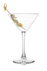 Vodka martini gin cocktail in classic glass with olives on bamboo stick on white background with reflection.