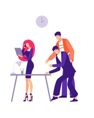 Office harassment problem illustration. Two male worker characters are trying to grossly pester girl employee gender issues and racial humiliation depressive working vector moments.