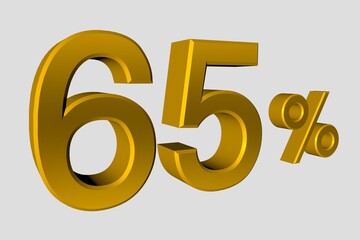 The inscription is 65% of realistic 3D numbers in gold metalic color. Illustration of a sixty five discount or sale for advertising poster, banner advertising and more. 3d rendering, isolated