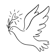 Line art dove. Flying pigeon logo drawing. Black and white vector illustration. Good for greeting card, banner, flyer and poster.