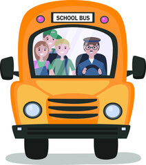 A school bus that takes students to school or on a tour.  At the wheel sits a driver in uniform. Vehicle for transportation of passengers. Vector illustration