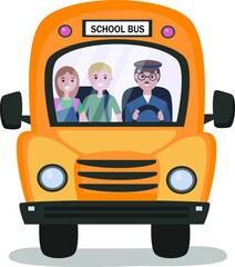 A school bus that takes students to school or on a tour.  At the wheel sits a driver in uniform. Vehicle for transportation of passengers. Vector illustration
