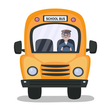 School bus and driver in uniform at the wheel. Vehicle for transporting passengers, schoolchildren. 