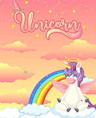 Obraz na płótnie Canvas Blank banner with cute unicorn in the pastel sky background
