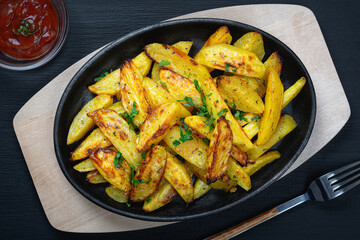 Fried potatoes in a rural style, with spices and ketchup. On rustic pan, on a wooden table