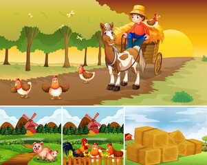 Obraz na płótnie Canvas Set of different farm scenes with animal farm cartoon style