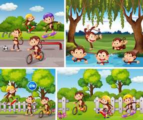 Obraz na płótnie Canvas Set of monkey in different background