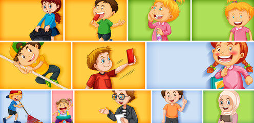 Fototapeta premium Set of different kid characters on different color background