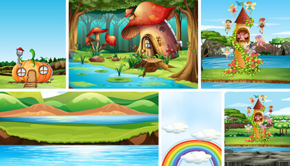 Six different scene of fantasy world with fantasy places and fantasy characters