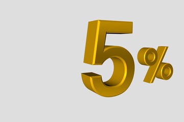 The inscription is 5 % of realistic 3D numbers in gold metalic color. Illustration of a one percent discount or sale for advertising poster, banner advertising and more. 3d rendering, isolated