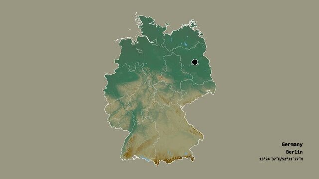 Nordrhein-Westfalen, state of Germany, with its capital, localized, outlined and zoomed with informative overlays on a relief map in the Stereographic projection. Animation 3D