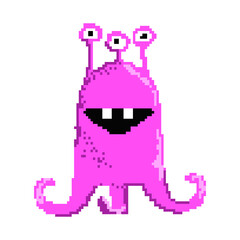 Smiling pixel magenta monster. Positive friendly creature with three eyes. Can be used for topics like mutant, cartoon, videogame