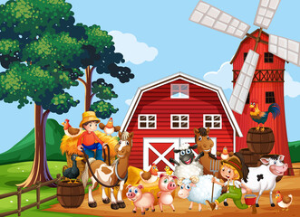 Farm in nature scene with windmill and barn and animal farm