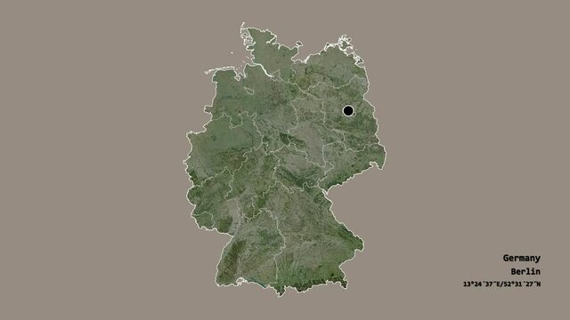 Nordrhein-Westfalen, state of Germany, with its capital, localized, outlined and zoomed with informative overlays on a satellite map in the Stereographic projection. Animation 3D