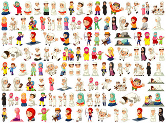 Fototapeta na wymiar Set of different muslim people cartoon character isolated on white background