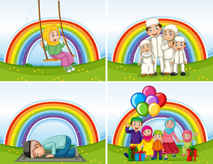 Set of arab muslim families in traditional clothing isolated on rainbow background