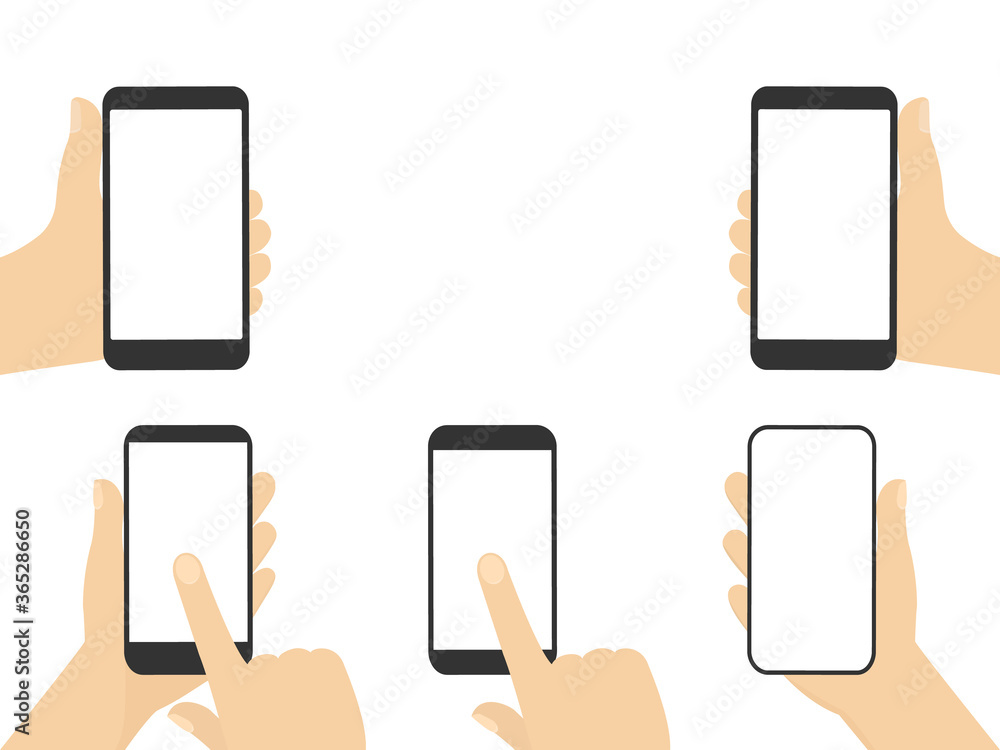 Aufkleber hand holds a smart phone in different position set. vector illustration isolated on white. phone in 