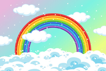 Rainbow with clouds and glitter on pastel sky background
