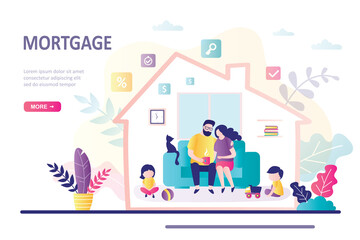 Fototapeta na wymiar Mortgage landing page template. Concept of hypothec and finance management. Happy parents with children at new home.