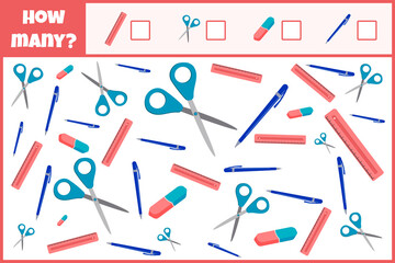 Educational mathematical game. Count the number of school supplies. Count how many school supplies. Counting game for children.