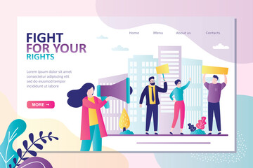 Protesting people with placards on strike or demonstration. Landing page template on theme fight for your rights