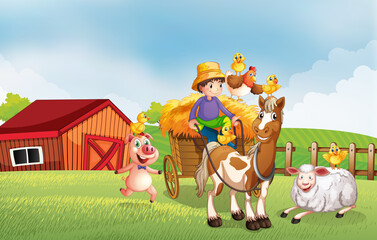 Farm scene in nature with barn and horse drawn vehicle and animal farm