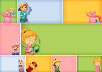 Set of different kid characters on different color background