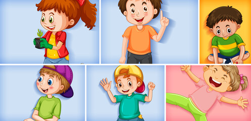 Set of different kid characters on different color background