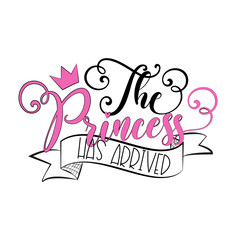 The Princess Has Arrived - calligraphy with crown.
Good for greeting card, textile print, Room decoration, Baby Shower and birthday design.