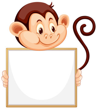 Blank sign template with cute monkey on white background